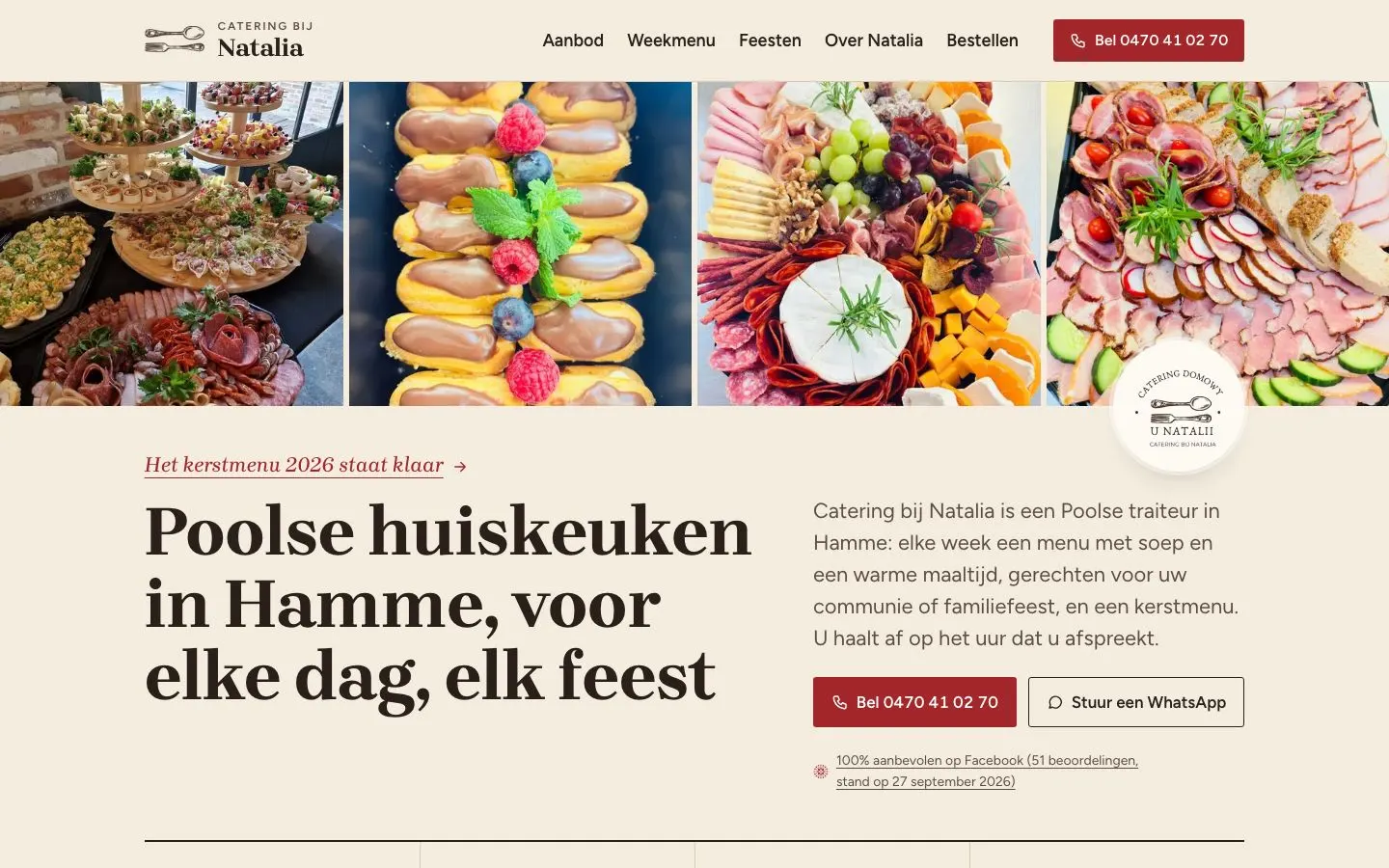 Aperçu en néerlandais du site de Catering bij Natalia, traiteur : plateaux de charcuterie et d’éclairs, boutons pour appeler ou écrire sur WhatsApp