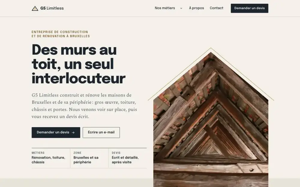 Aperçu du site de G5 Limitless, construction et toiture à Bruxelles