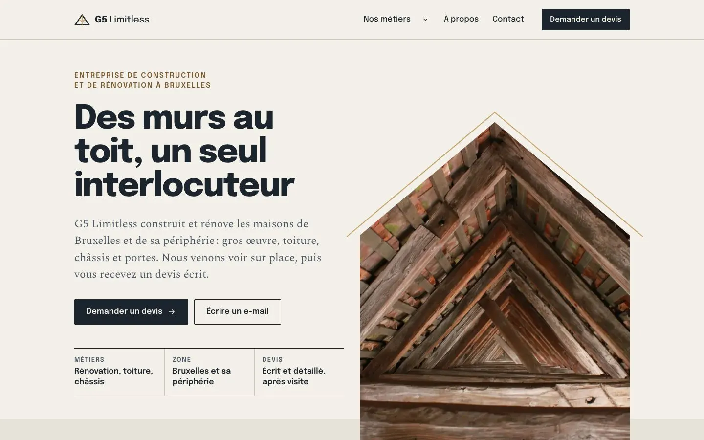 Aperçu du site de G5 Limitless, construction et toiture à Bruxelles : titre, charpente en bois dans un cadre en forme de maison