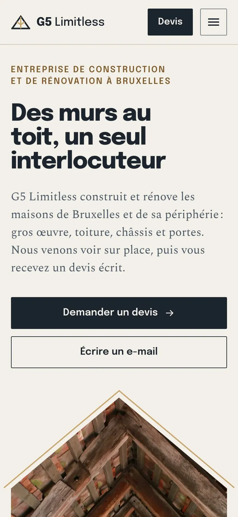 Aperçu du site de G5 Limitless, construction et toiture à Bruxelles, sur téléphone