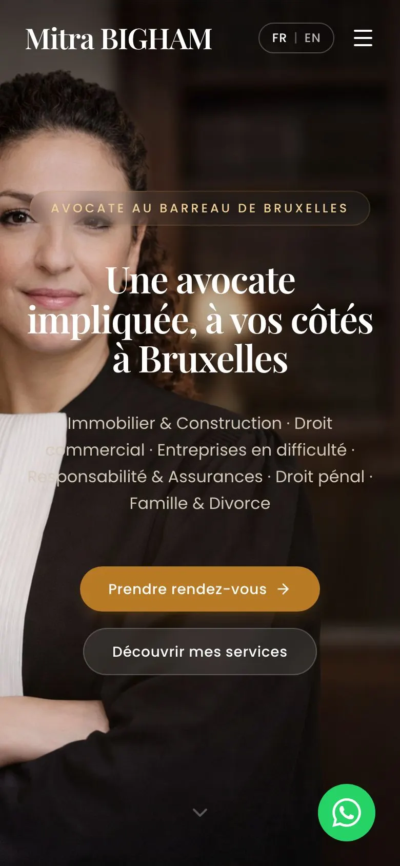 Site de Mitra Bigham, avocate à Bruxelles, sur téléphone